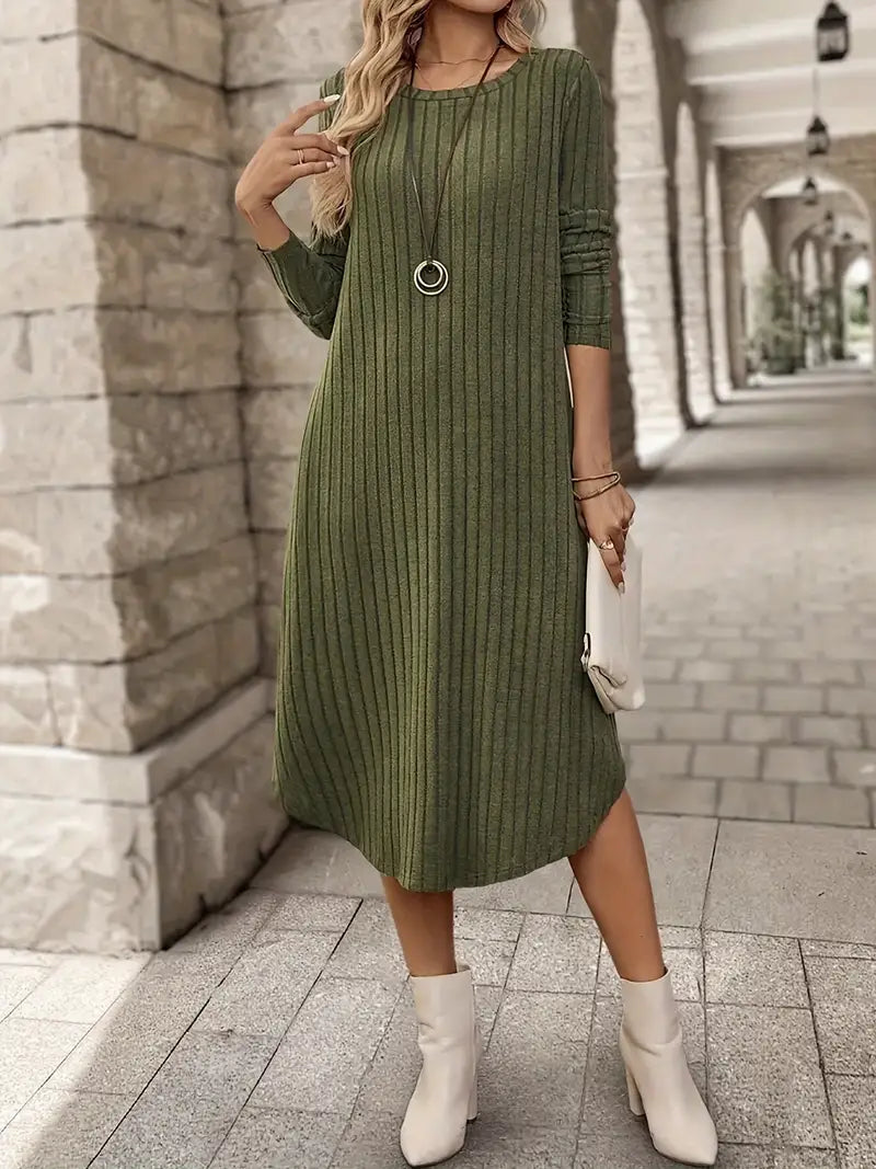 Abito midi chic a maniche lunghe da donna - maglia a coste