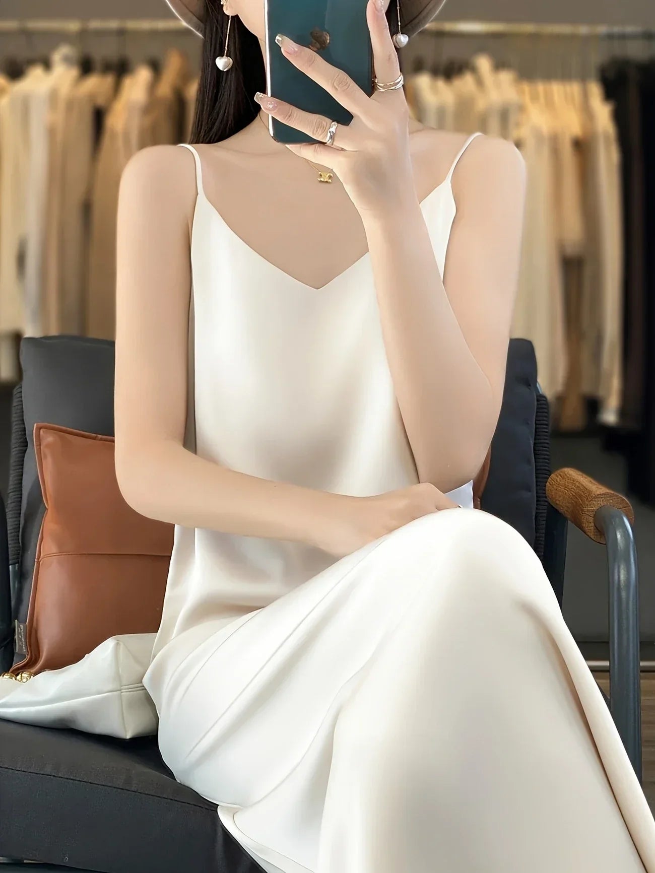 Abito midi in raso da donna - Scollo a V, senza maniche, morbido, lussuoso e confortevole per feste e occasioni serali