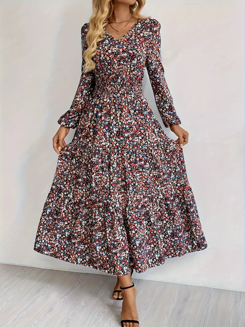 Elegante abito floreale con scollo a V - maniche lunghe, vita alta - linea A