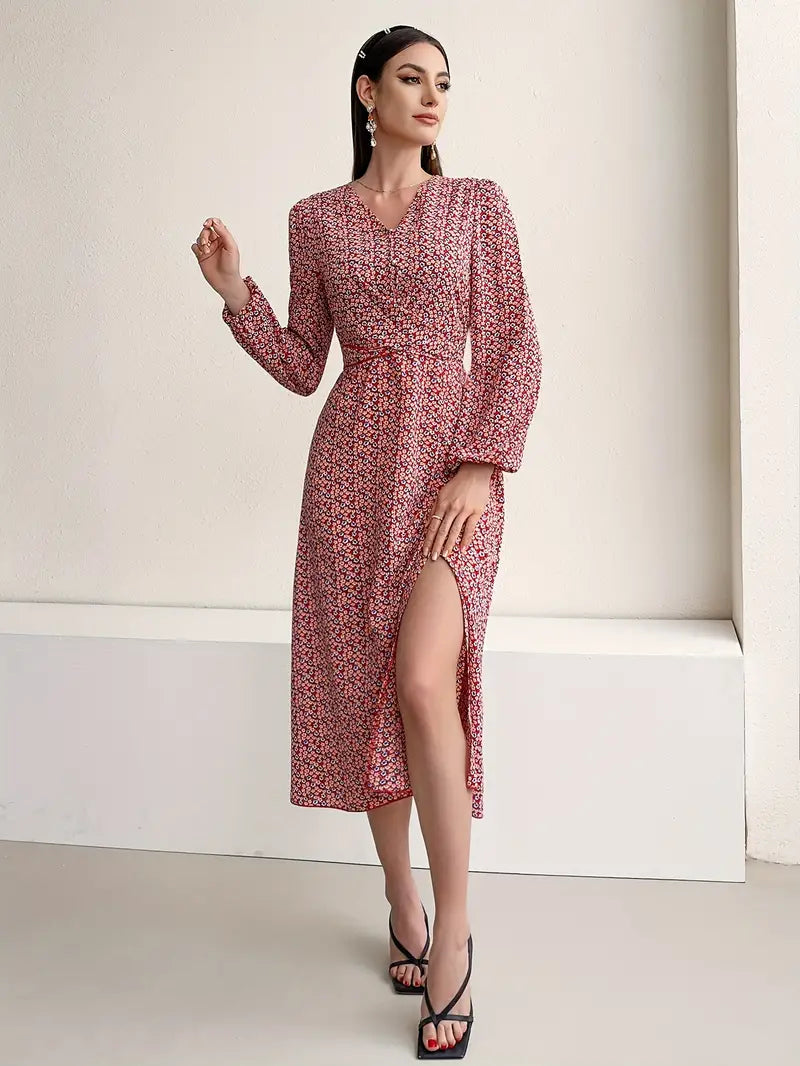 Elegante abito midi con maniche lunghe e pizzo