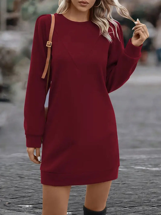 Abito elegante a maniche lunghe - Design semplice a maglia, collo rotondo