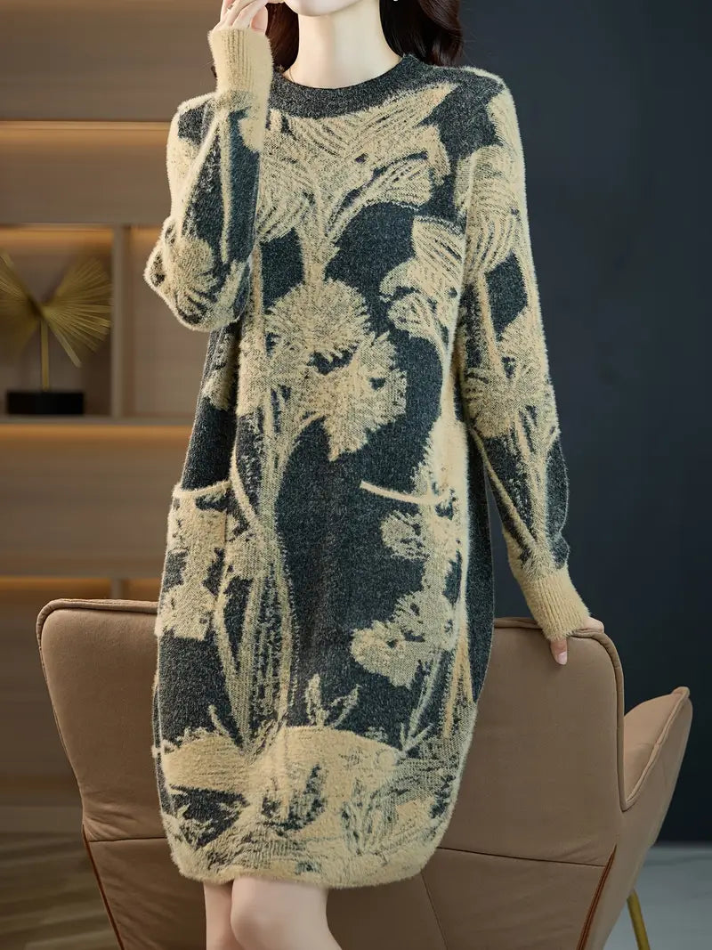 Abito tunica midi da donna - maglia in poliammide, motivo vegetale