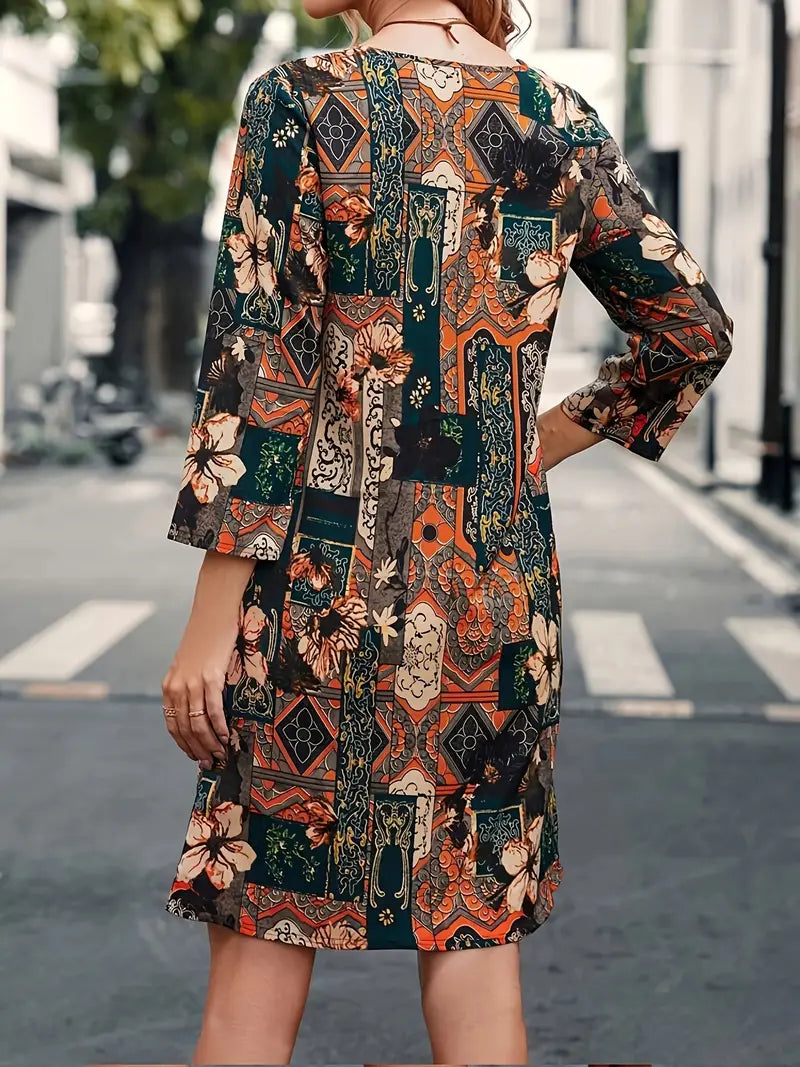 Abito floreale vintage con scollo a V e maniche a 3/4 da donna