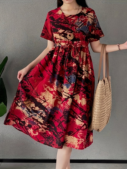 Abito estivo da donna in lino - Elegante linea ad A, collo rotondo, arioso e confortevole per l'abbigliamento quotidiano e il tempo libero