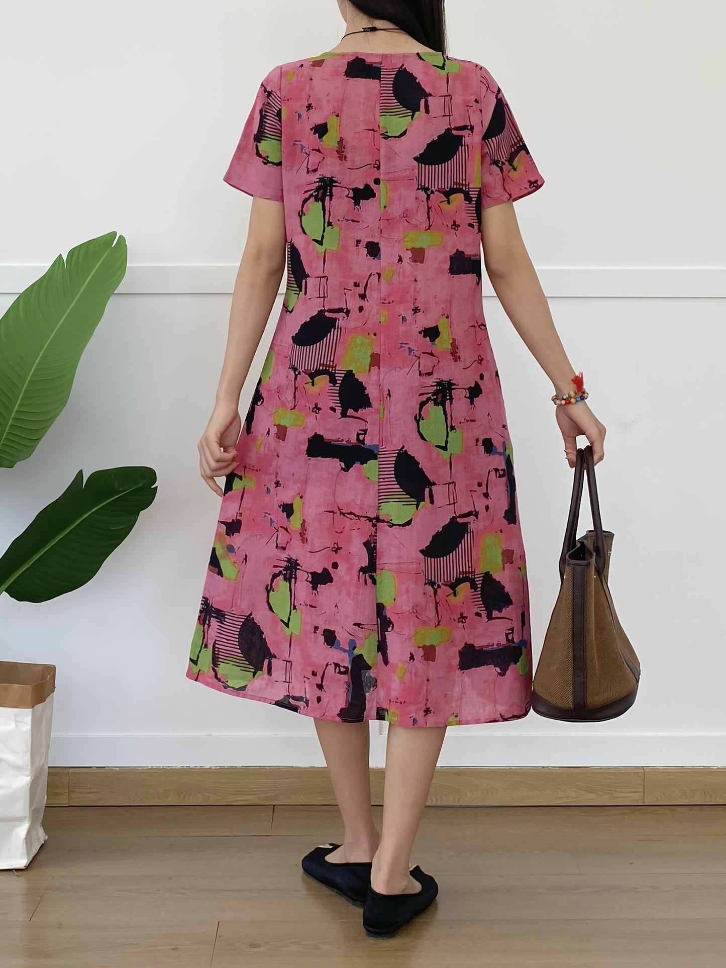 Abito estivo da donna - Abito midi in misto lino con tasche e scollo rotondo