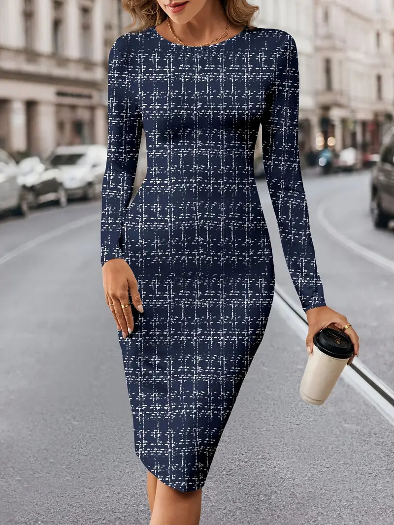 Abito donna a quadri a maniche lunghe - lunghezza al ginocchio, collo rotondo, inverno