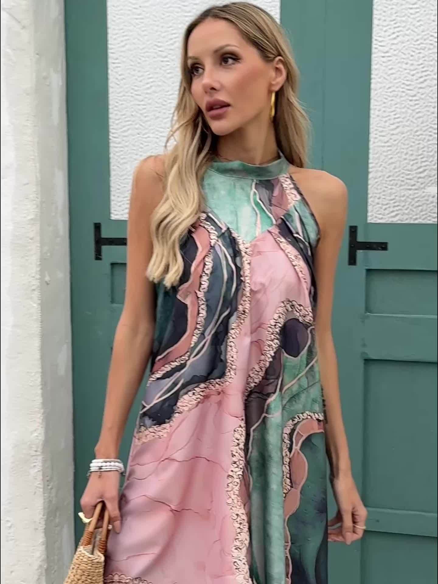 Elegante abito midi a motivi geometrici con accenti dorati