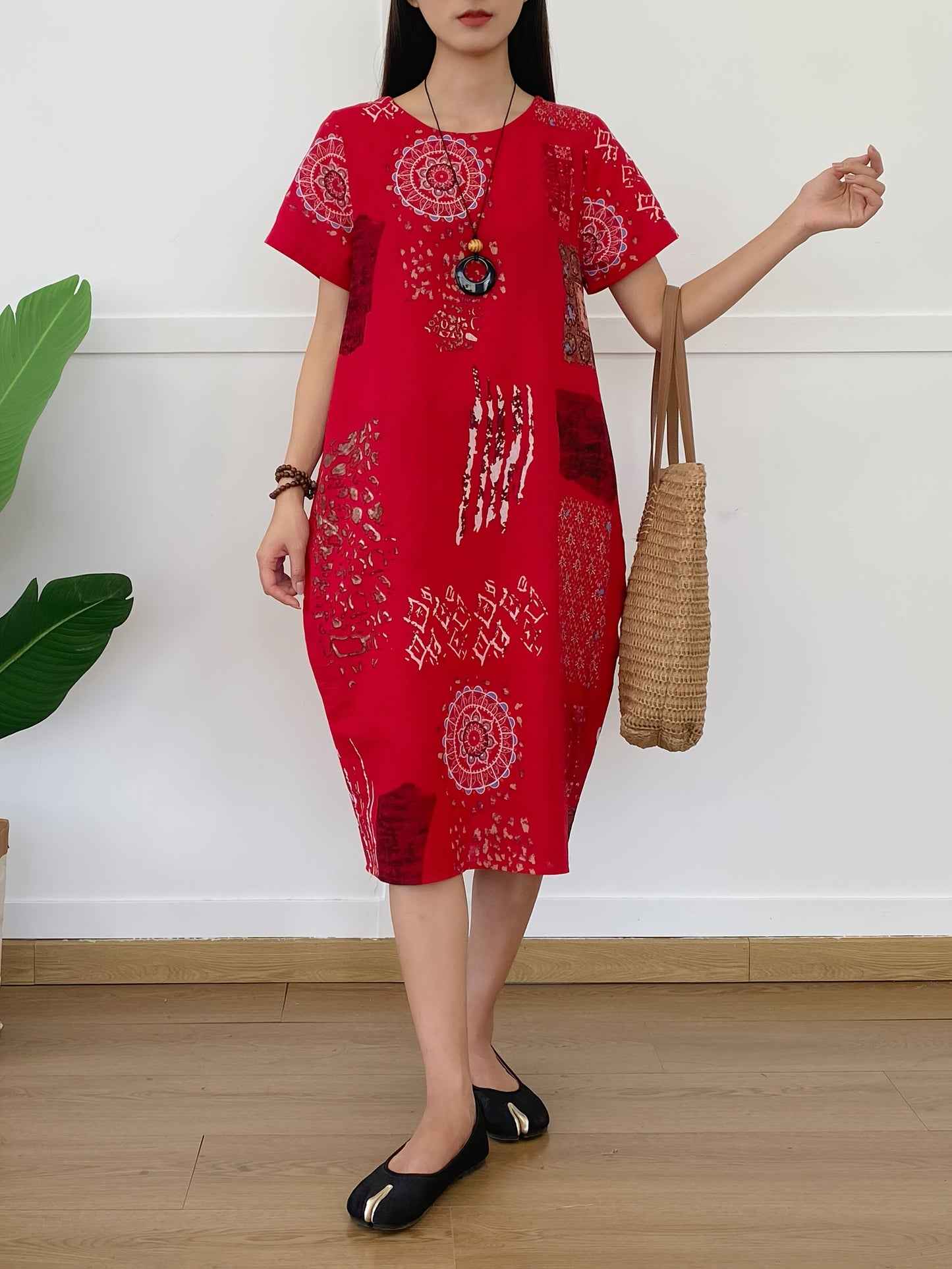 Abito midi in lino da donna - stile tunica, motivo floreale, tasche e arioso per l'estate