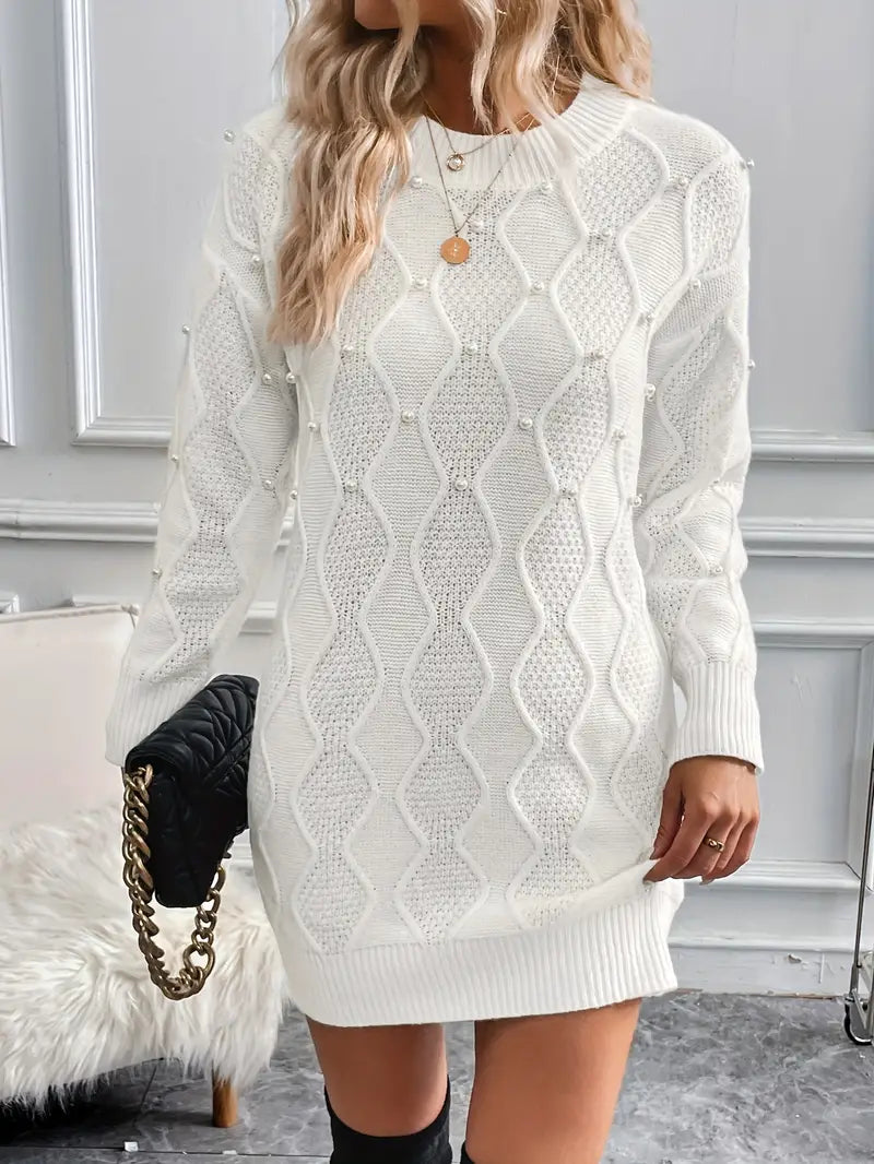 Abito in maglia a maniche lunghe con motivo geo e perline