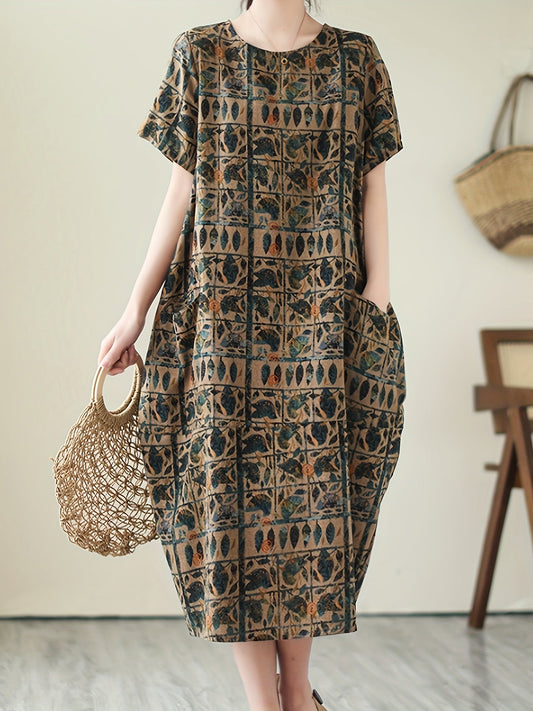 Elegante abito midi - Grafica vintage, tasche, arioso, manica corta e confortevole