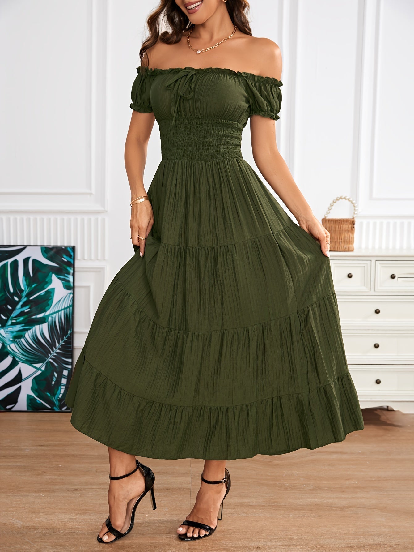 Maxi abito off-the-shoulder - arricciato in vita, linea ad A, arioso abito estivo da donna