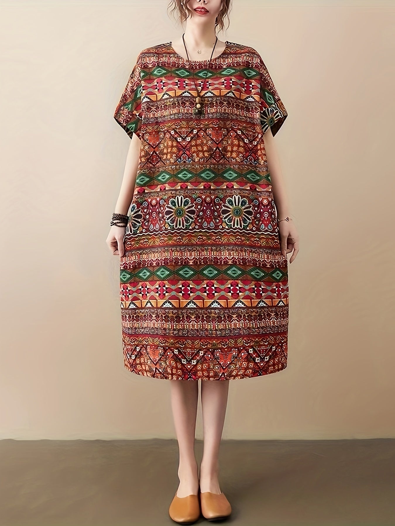 Abito da donna in lino - taglie forti, motivo floreale, tasche e perfetto per l'estate