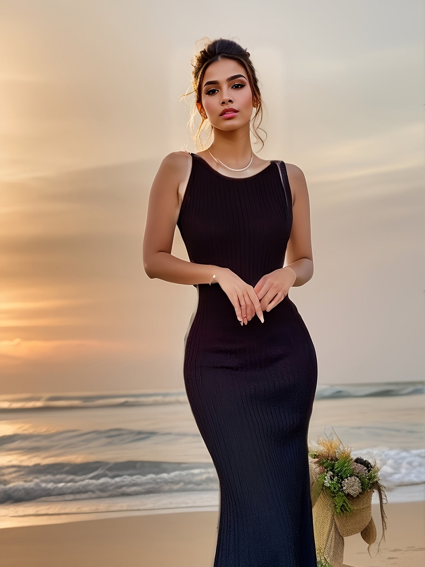 Maxi abito nero elegante in maglia senza maniche