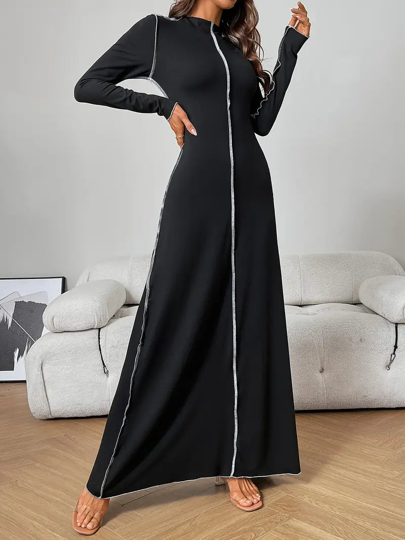 Abito a maniche lunghe con collo alto, design color block, per autunno/inverno