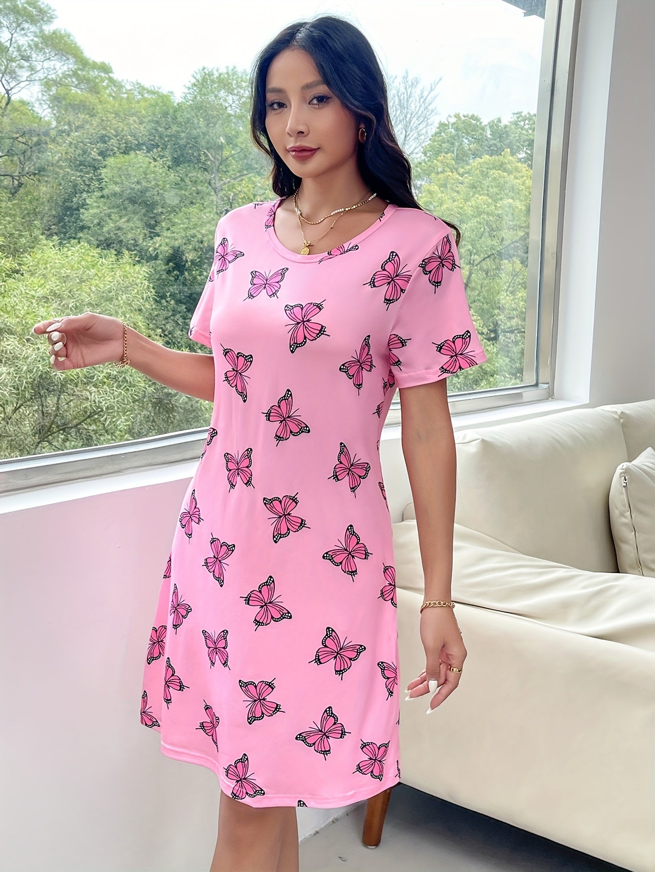 Abito a farfalla donna estate manica corta abito casual collo rotondo