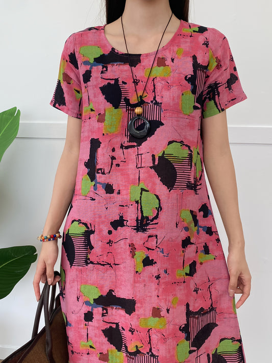 Abito estivo da donna - Abito midi in misto lino con tasche e scollo rotondo