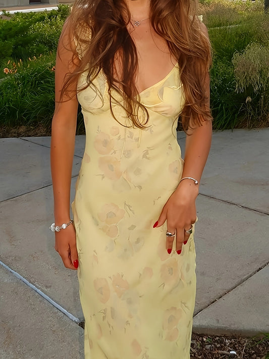 Maxi abito senza schienale con motivo floreale - Elegante scollatura a V senza maniche