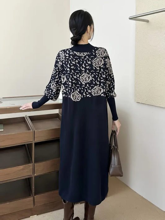 Inverno Vita alta Slimming Retro Spliced Midi Dress con stampa