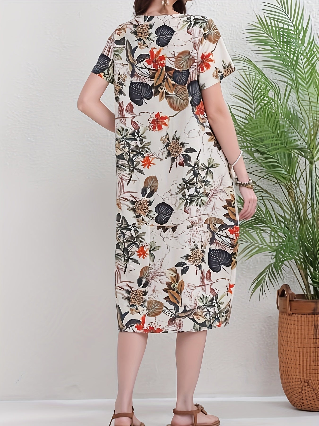 Abito a tunica in lino da donna - stampa floreale, arioso e con tasche per tutti i giorni e il tempo libero