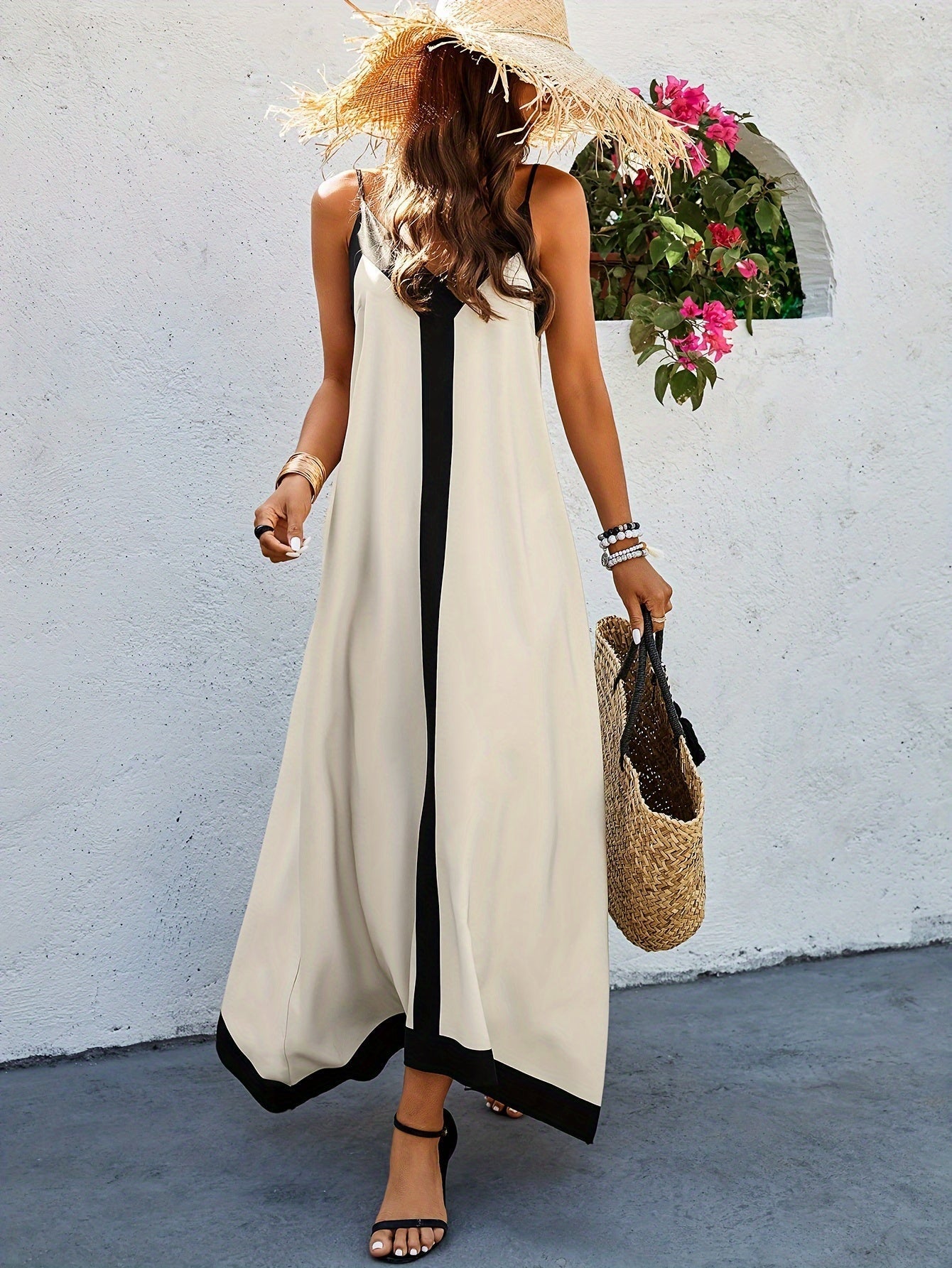 Abito cami a blocchi color albicocca, senza maniche, spalline, senza schienale