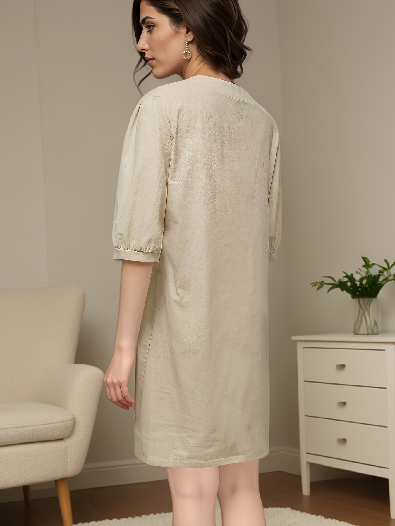 Abito elegante da donna - scollo quadrato, mezze maniche, misto lino e taglio ampio per tutti i giorni e il tempo libero