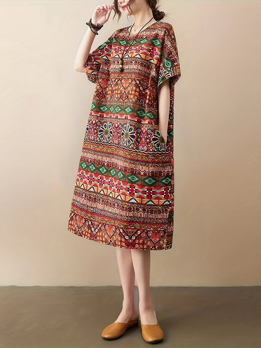 Abito da donna in lino - taglie forti, motivo floreale, tasche e perfetto per l'estate