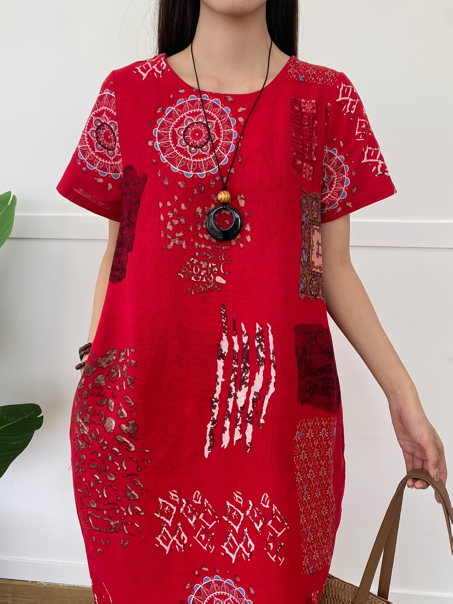 Abito midi in lino da donna - stile tunica, motivo floreale, tasche e arioso per l'estate