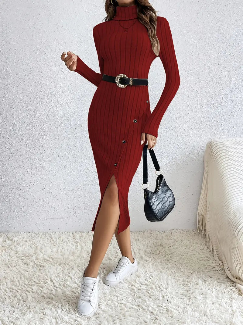 Abito senza tempo, elegante e senza sforzo, con scollatura alta e chiusura a cerniera