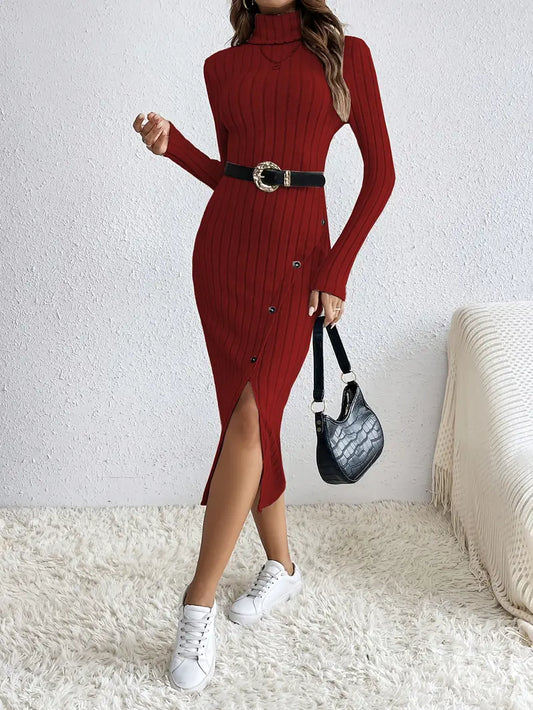 Abito senza tempo, elegante e senza sforzo, con scollatura alta e chiusura a cerniera