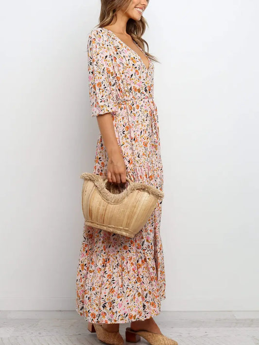 Maxi abito floreale chic con scollo a V per donna