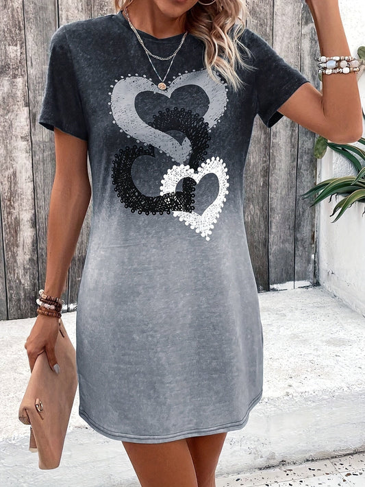 Abito estivo da donna - Mini abito casual con stampa a cuore e maniche corte