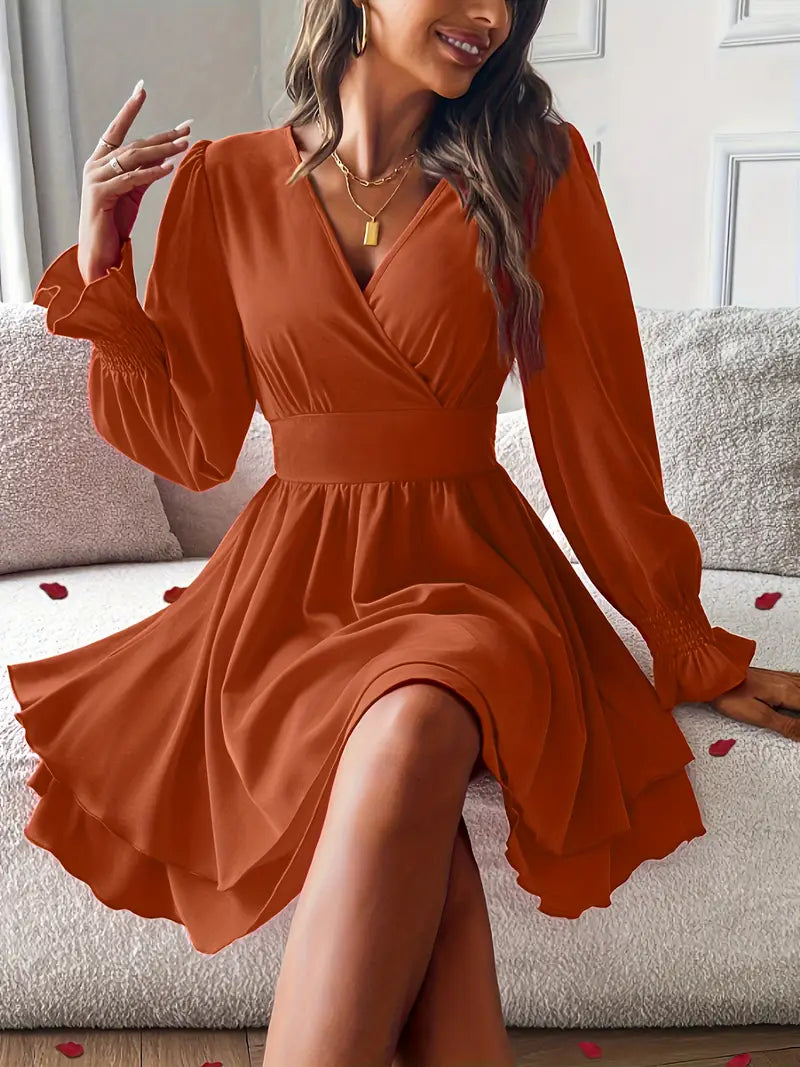 Abito elegante con scollo a V e maniche lunghe da donna