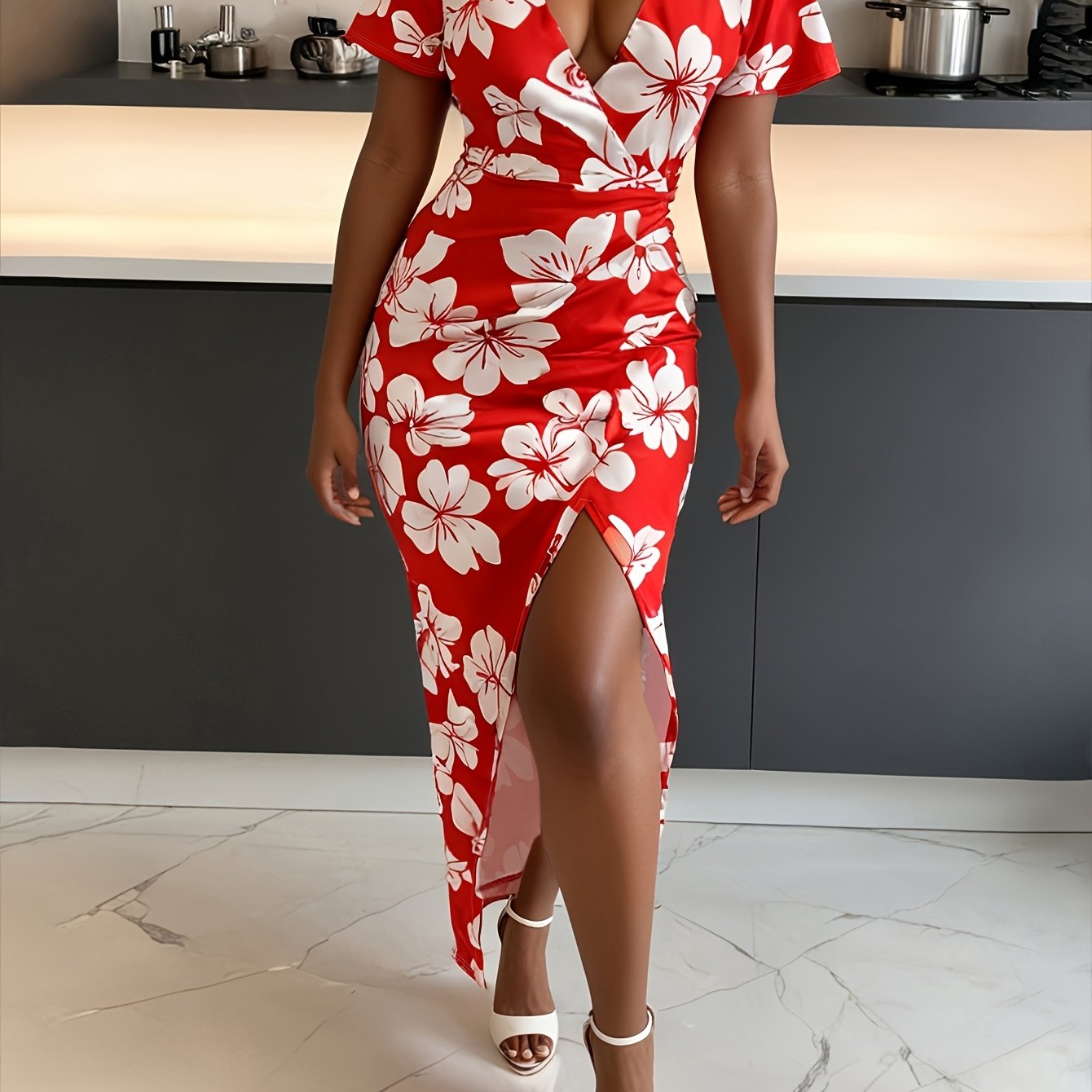 Abito bodycon rosso con motivo floreale Mini scollatura a V Maniche corte