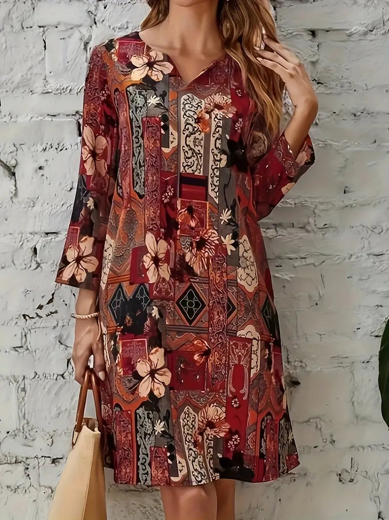 Abito floreale vintage con scollo a V e maniche a 3/4 da donna