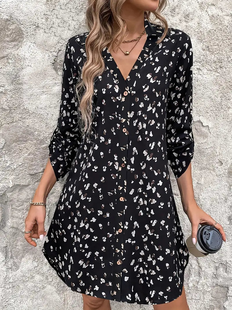 Abito camicia vintage a maniche lunghe con stampa all-over - Scollo a V