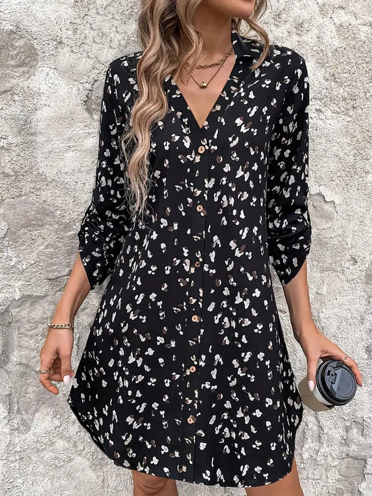 Abito camicia vintage a maniche lunghe con stampa all-over - Scollo a V