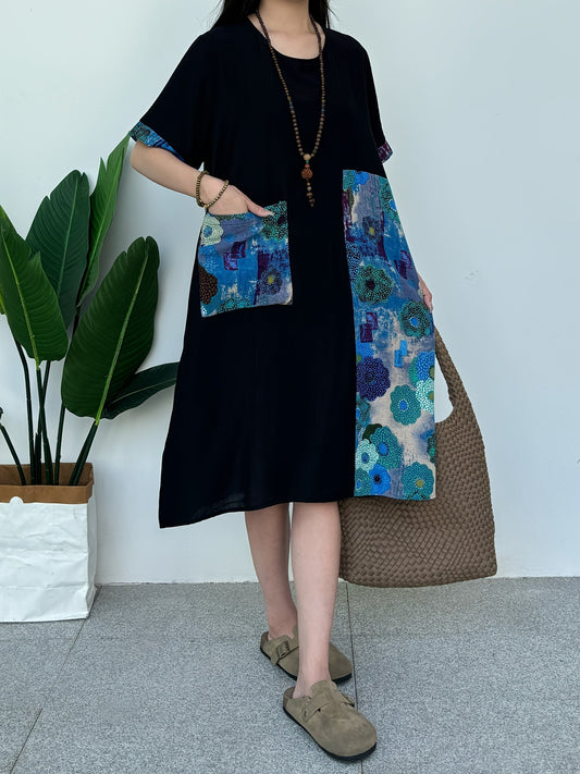 Abito da donna in lino plus size - a blocchi di colore, scollo rotondo, tasche, arioso e confortevole