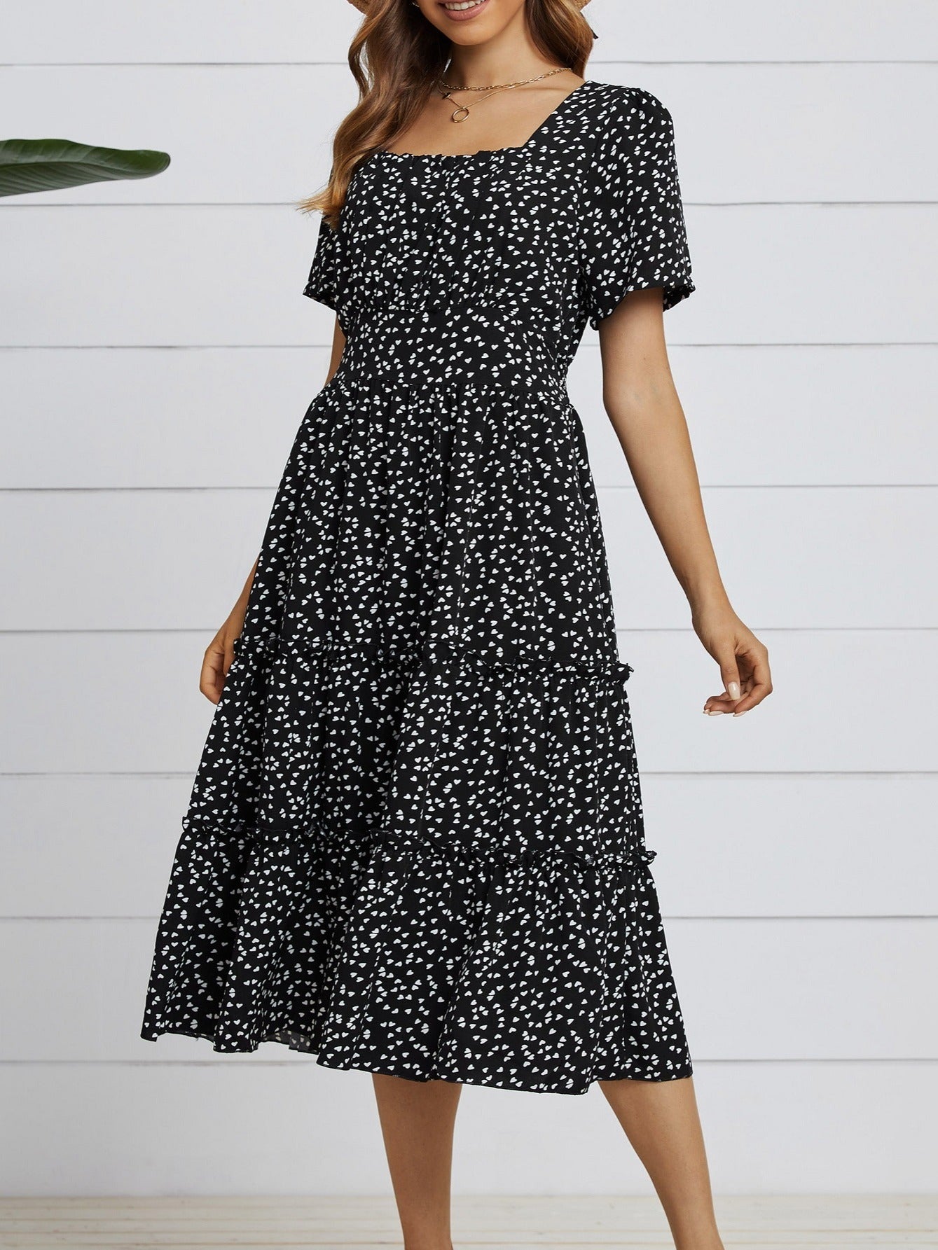 Abito midi da donna con stampa a cuori Scollo quadrato e linea ad A