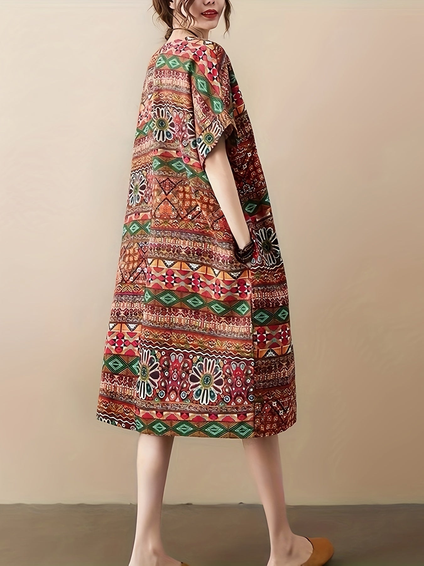 Abito da donna in lino - taglie forti, motivo floreale, tasche e perfetto per l'estate