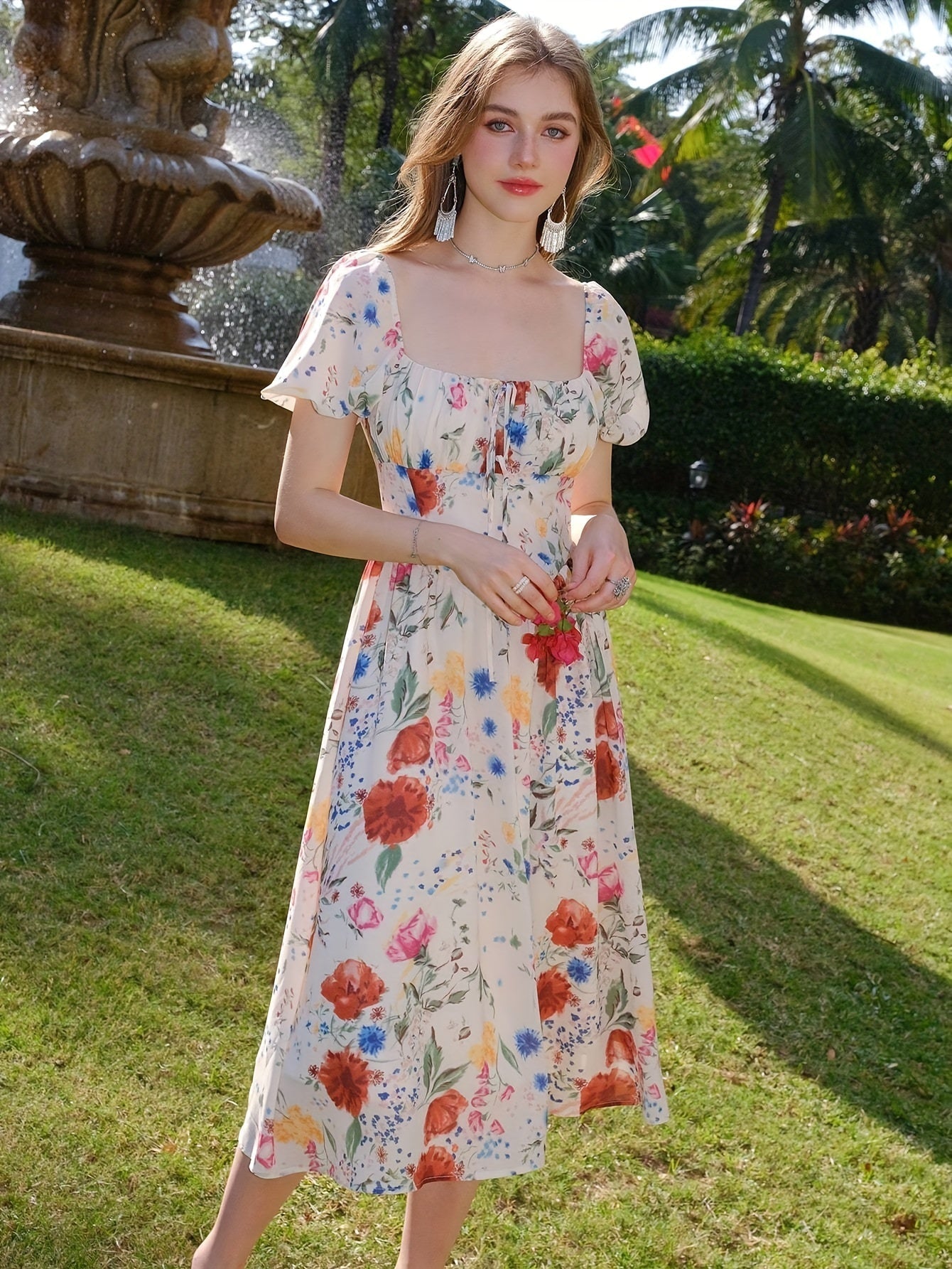 Abito floreale estivo - arioso abito a maniche corte in linea di poliestere, leggero e confortevole