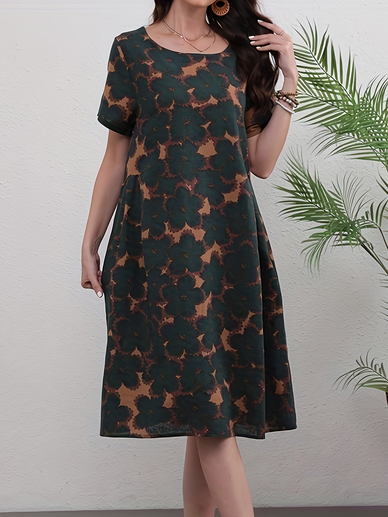 Abito floreale in lino da donna - lunghezza al ginocchio, scollo rotondo, maniche corte, tasche e perfetto per la primavera