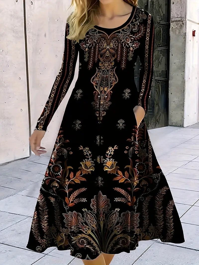 Abito nero a maniche lunghe con motivo floreale - Abito casual elegante