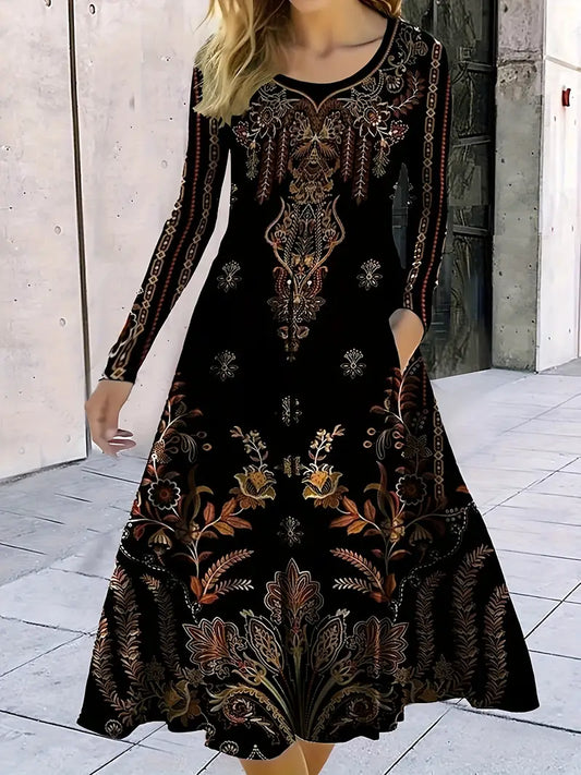 Abito nero a maniche lunghe con motivo floreale - Abito casual elegante