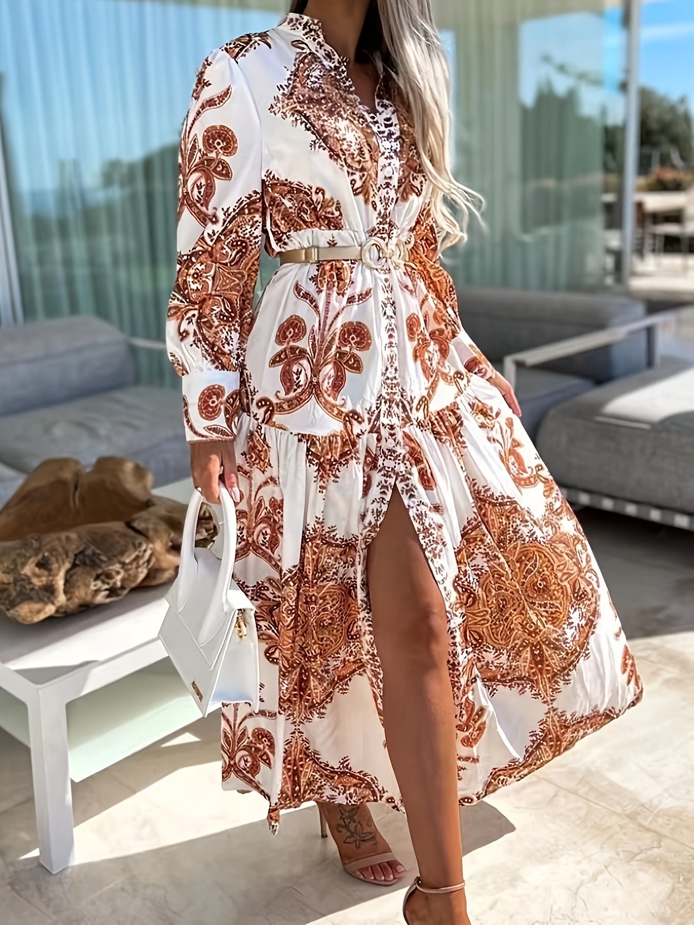 Maxi abito boho con scollo a V e maniche a lanterna, stampa pop