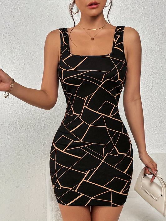 Miniabito bodycon geoprint da donna, elegante abito a canotta