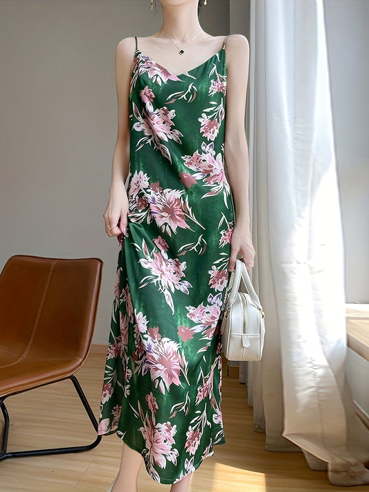 Abito midi in raso con motivo floreale - Scollo a V, Senza maniche, Linea A, Traspirante