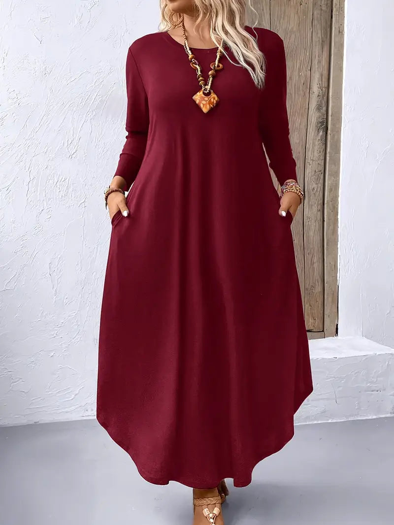 Abito da donna a maniche lunghe taglie forti, abito casual con scollo a giro e maniche lunghe