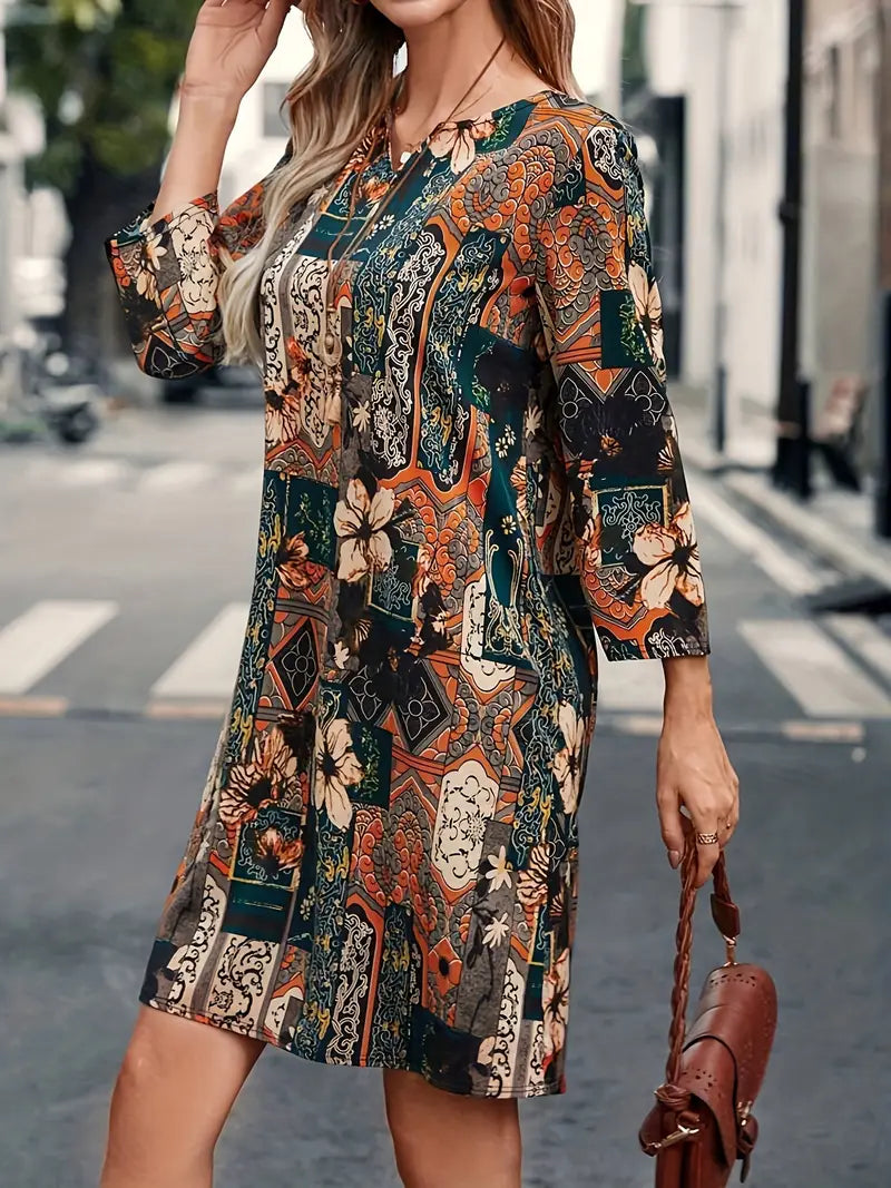 Abito floreale vintage con scollo a V e maniche a 3/4 da donna