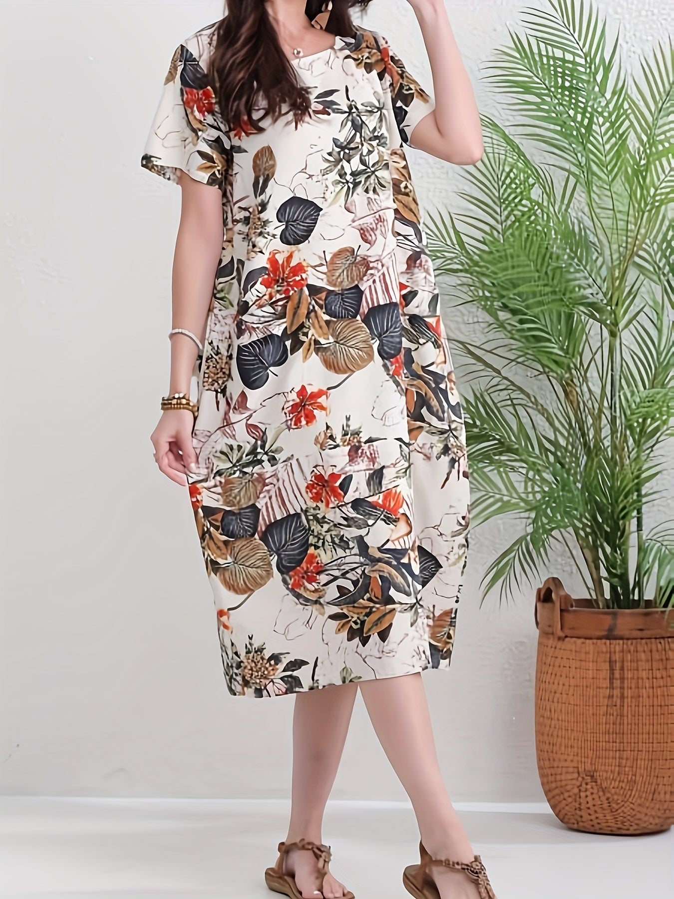 Abito a tunica in lino da donna - stampa floreale, arioso e con tasche per tutti i giorni e il tempo libero