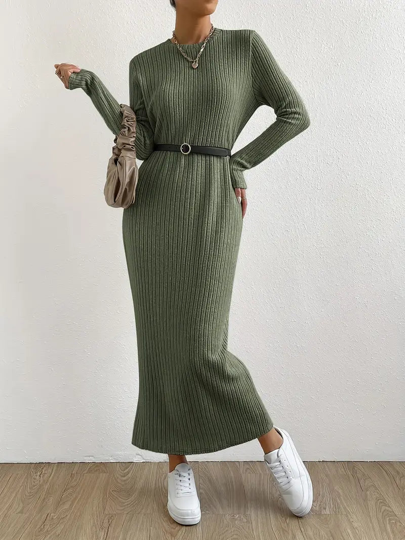 Maxi abito a maniche lunghe - Monocolore, Elegante design a girocollo